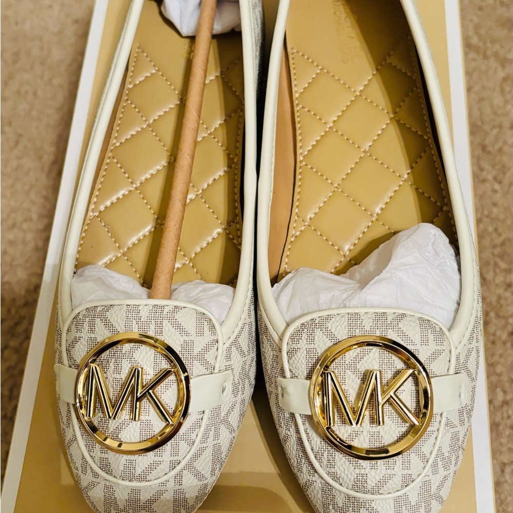 Michael Kors Cream Leather Moccasins with Gold Accents
